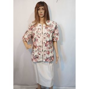 Women's Vtg Leslie Fay 2 Piece Suit Floral Tapestry Top Cream Skirt Plus Size 16